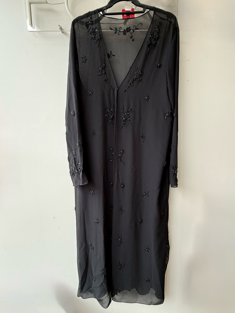 90’s Whimsigoth Black Beaded Floor Length Sheer Duster